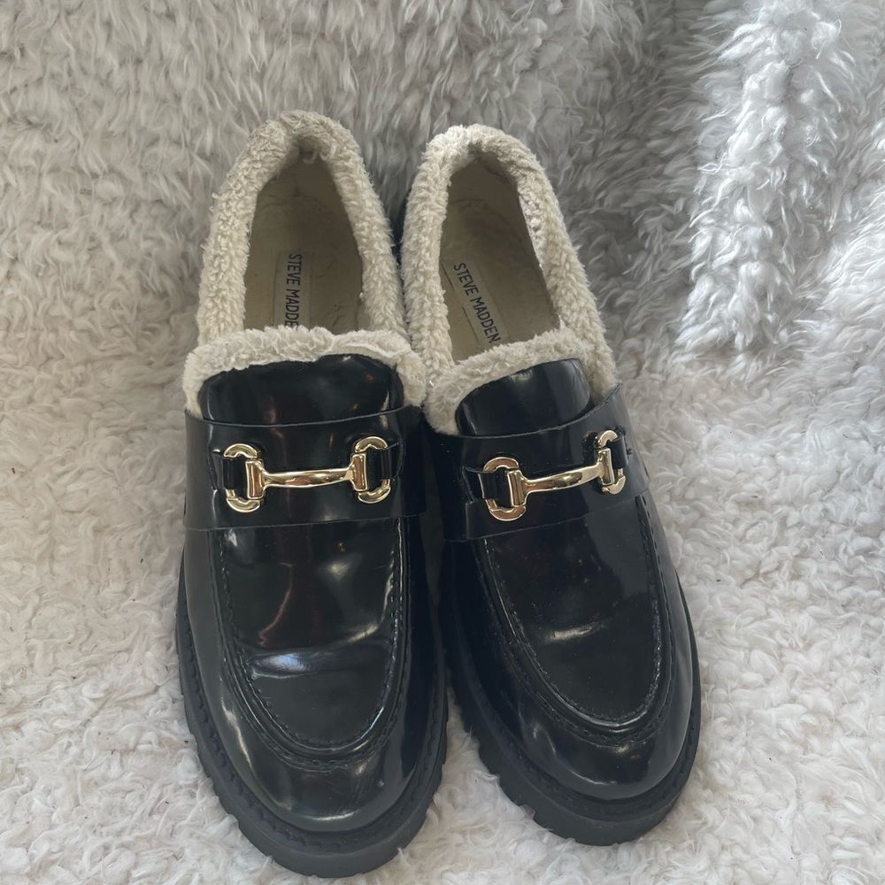 Steve Madden synthetic black Patent Chunky lug loafers bit buckle accent SZ11M